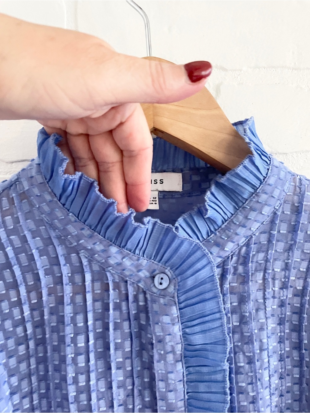 Reiss Sheer Silk Blend Ruffle Blouse Cornflower Periwinkle Blue Statement Sz 8 - Picture 7 of 16
